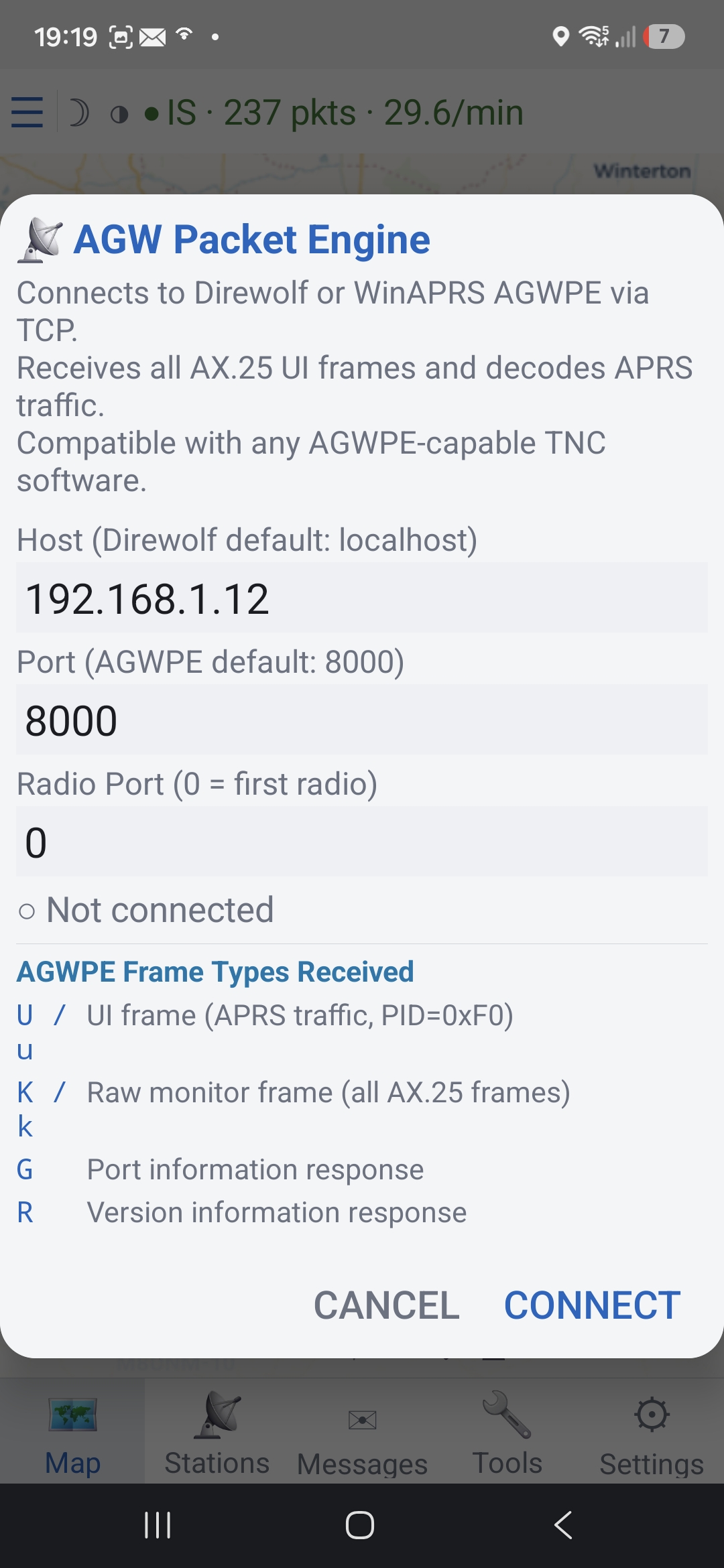 Connections screen listing a BLE radio found by the scan
