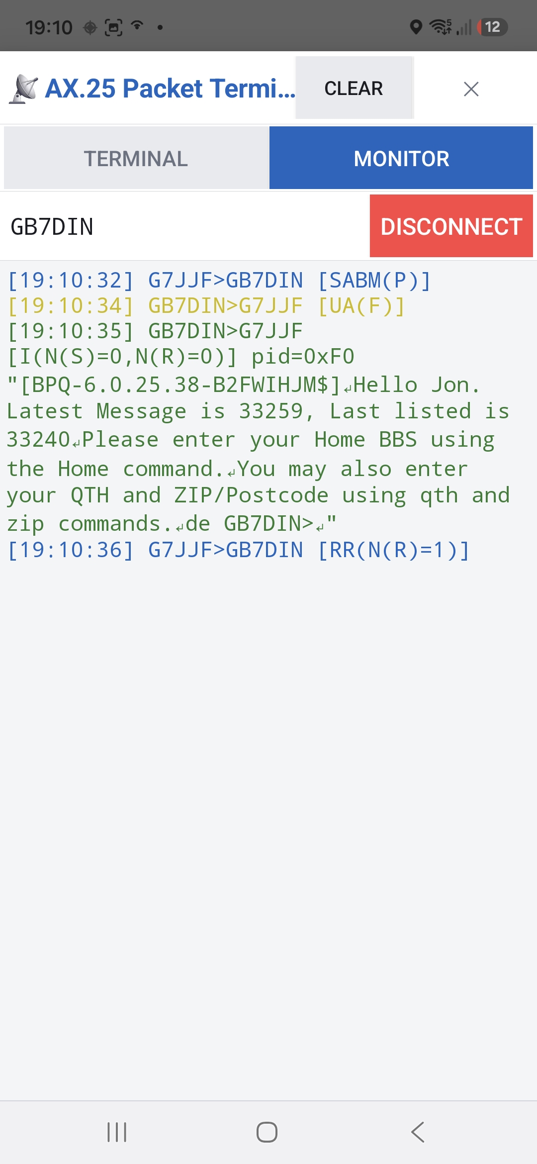 AX.25 packet terminal monitor showing decoded frames